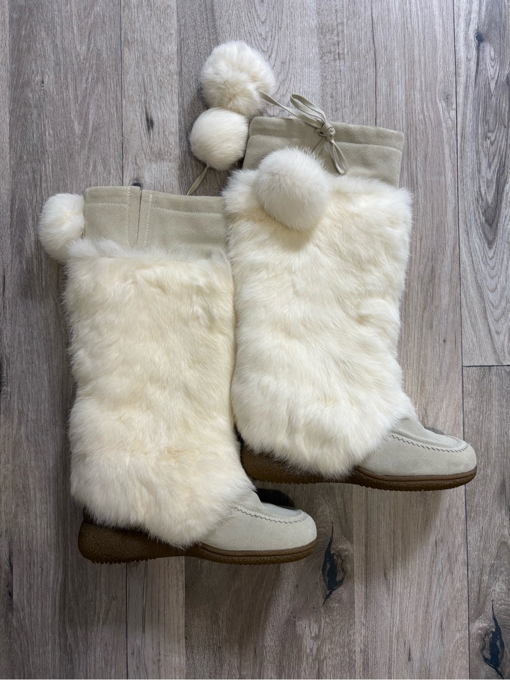 Women's Cream Faux Fur Boots with Pom pom